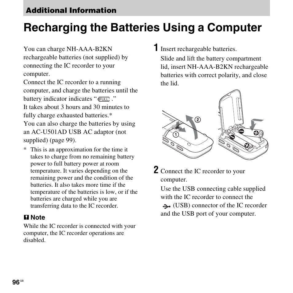 Additional information, Recharging the batteries using a computer | Sony ICD-AX412 User Manual | Page 96 / 131