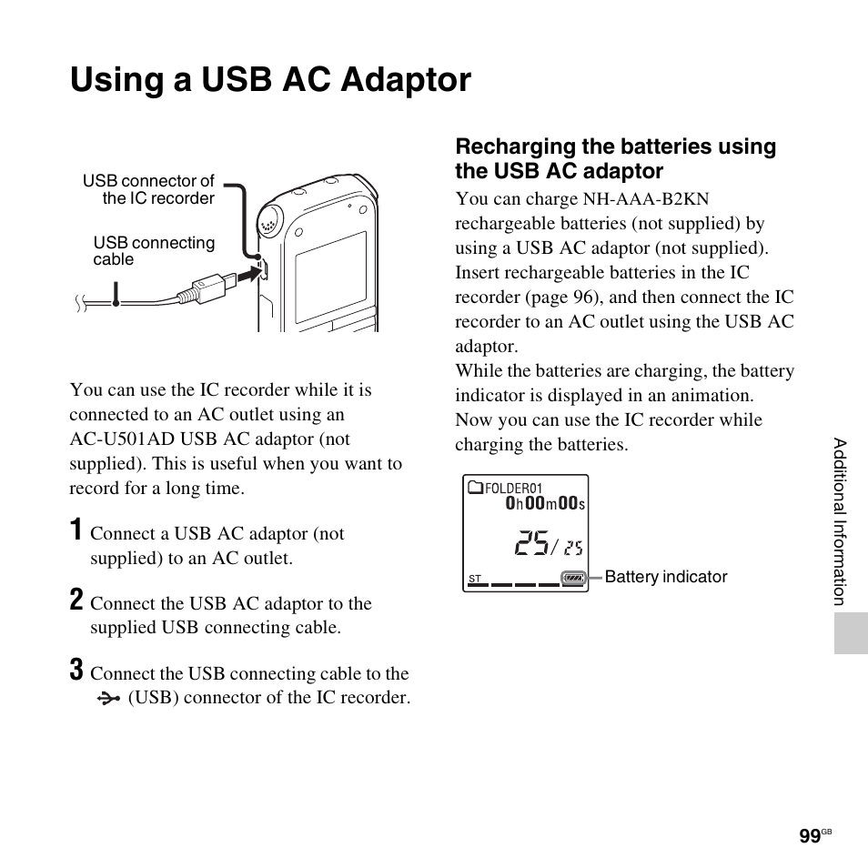 Using a usb ac adaptor | Sony ICD-AX412 User Manual | Page 99 / 131