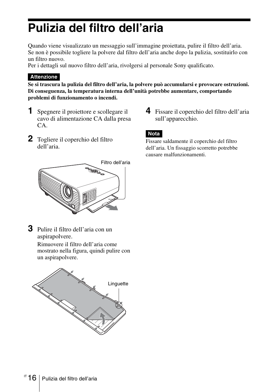 Pulizia del filtro dell’aria | Sony VPL-EX100 User Manual | Page 100 / 116