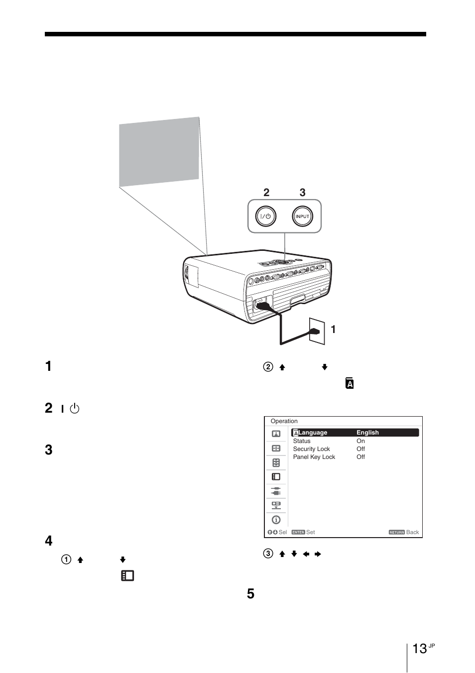 メニューの表示言語を切り替える | Sony VPL-EX100 User Manual | Page 13 / 116