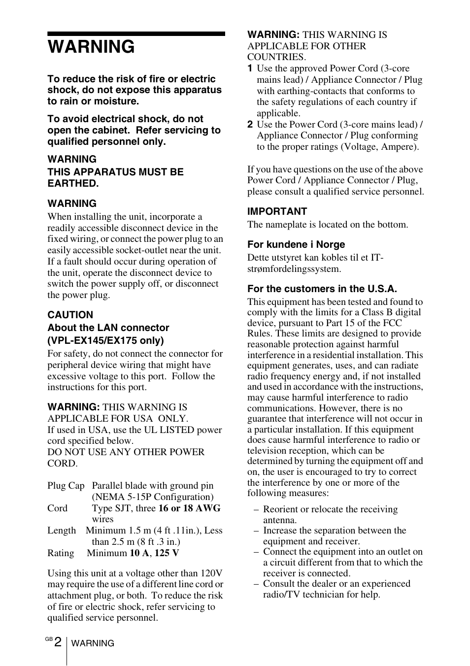 Warning | Sony VPL-EX100 User Manual | Page 22 / 116