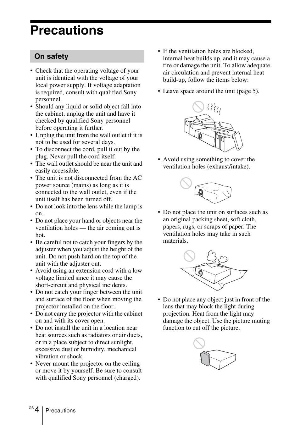 Precautions, On safety | Sony VPL-EX100 User Manual | Page 24 / 116