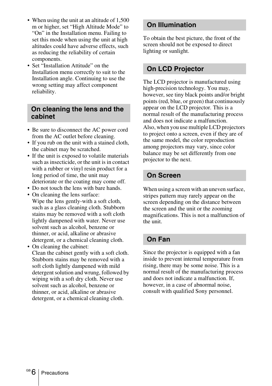 On cleaning the lens and the cabinet, On illumination, On lcd projector | On screen, On fan | Sony VPL-EX100 User Manual | Page 26 / 116