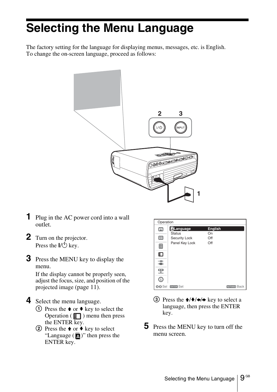 Selecting the menu language | Sony VPL-EX100 User Manual | Page 29 / 116