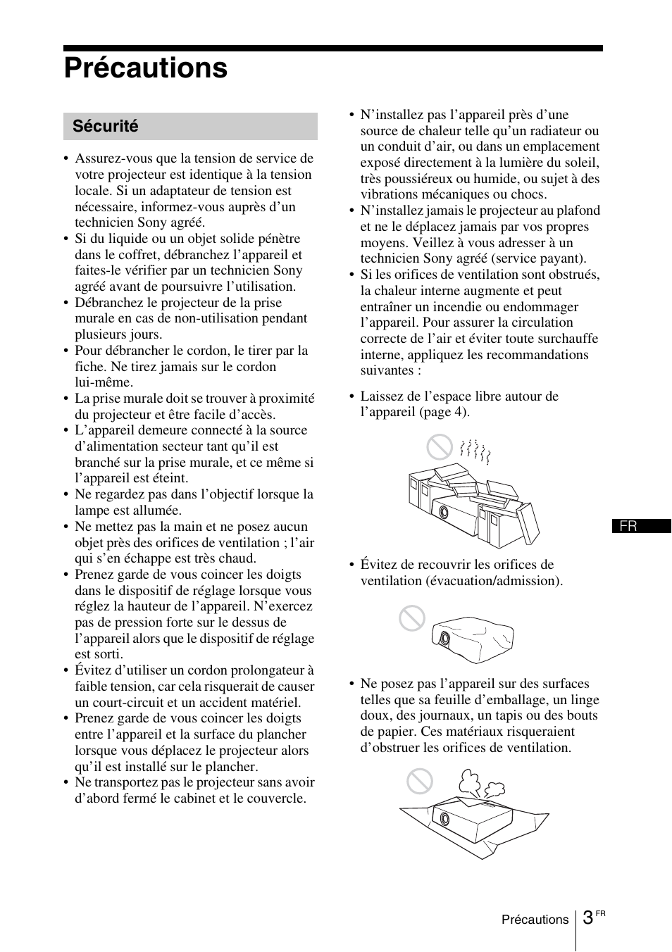 Précautions, Sécurité | Sony VPL-EX100 User Manual | Page 39 / 116