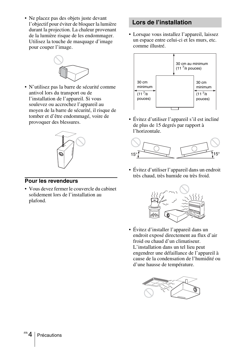 Lors de i’installation, Pour les revendeurs | Sony VPL-EX100 User Manual | Page 40 / 116