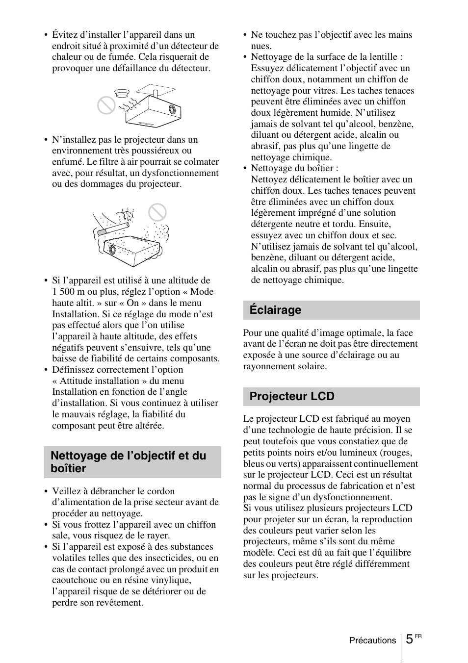 Nettoyage de l’objectif et du boîtier, Éclairage, Projecteur lcd | Sony VPL-EX100 User Manual | Page 41 / 116