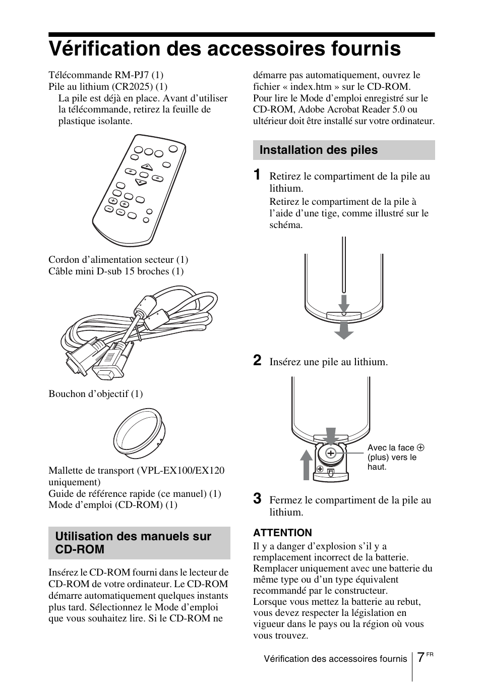 Vérification des accessoires fournis, Utilisation des manuels sur cd-rom, Installation des piles | Sony VPL-EX100 User Manual | Page 43 / 116