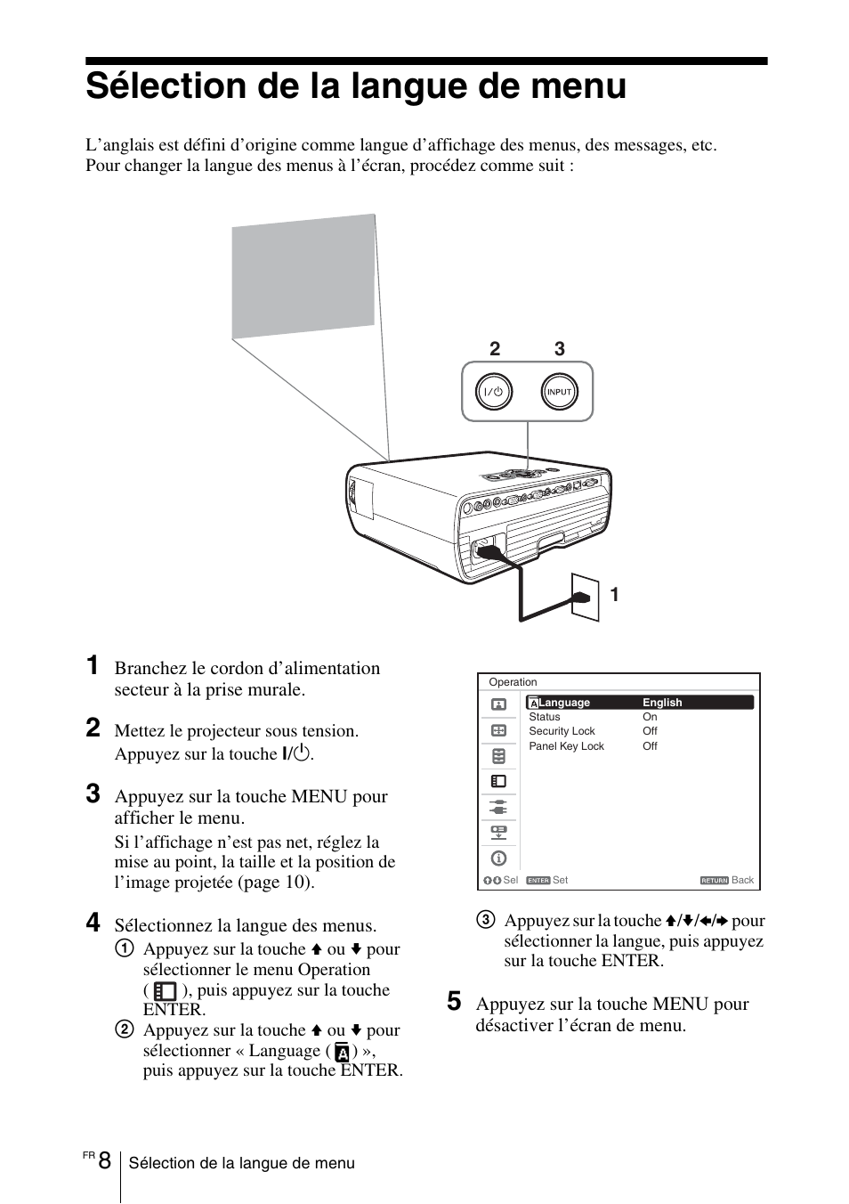 Sélection de la langue de menu | Sony VPL-EX100 User Manual | Page 44 / 116