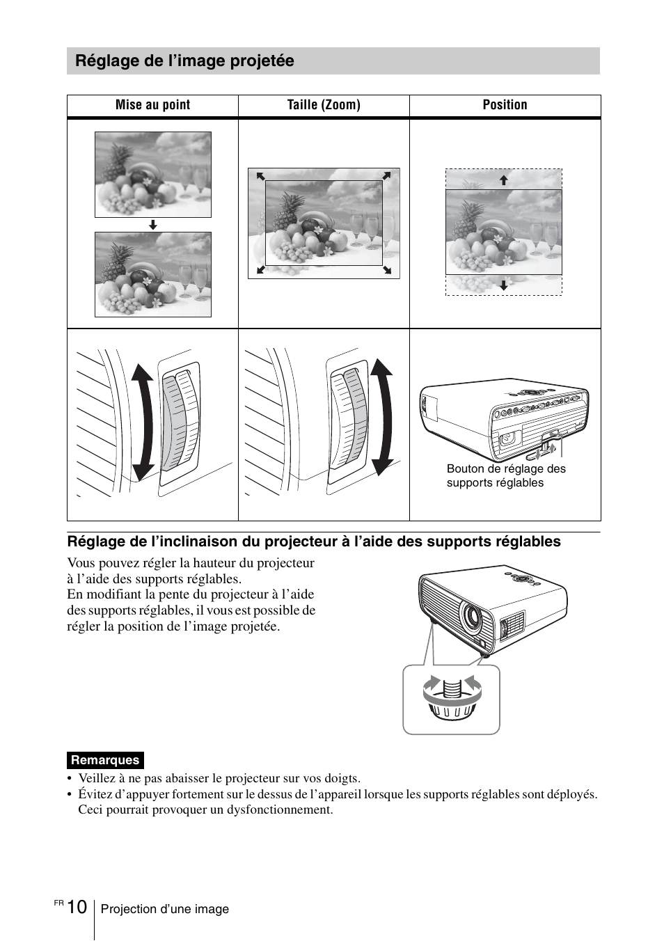 Réglage de l’image projetée | Sony VPL-EX100 User Manual | Page 46 / 116