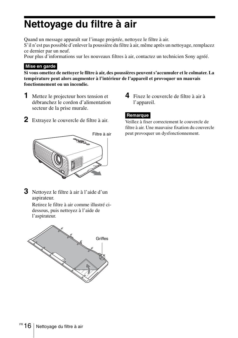 Nettoyage du filtre à air | Sony VPL-EX100 User Manual | Page 52 / 116