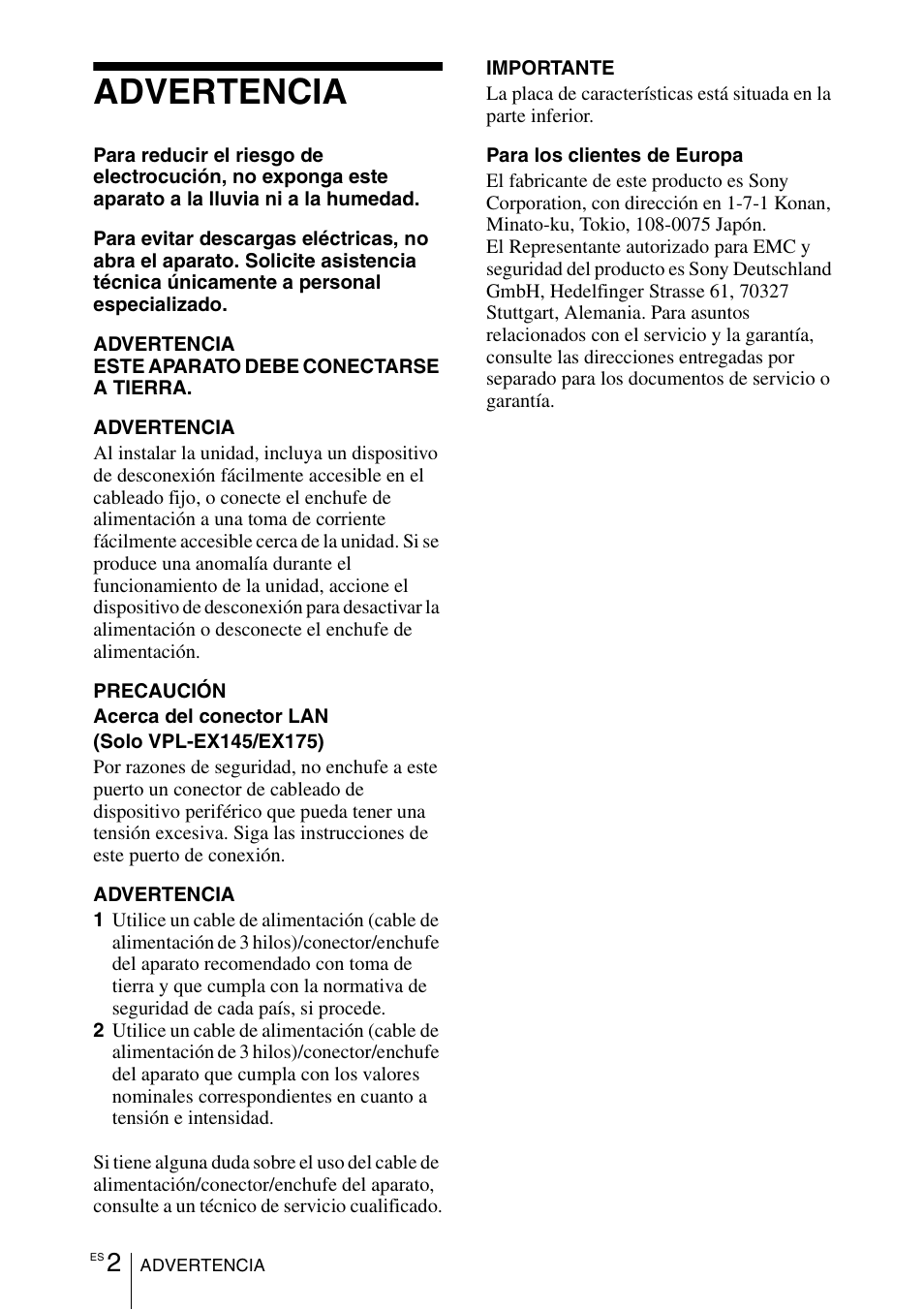 Advertencia | Sony VPL-EX100 User Manual | Page 54 / 116