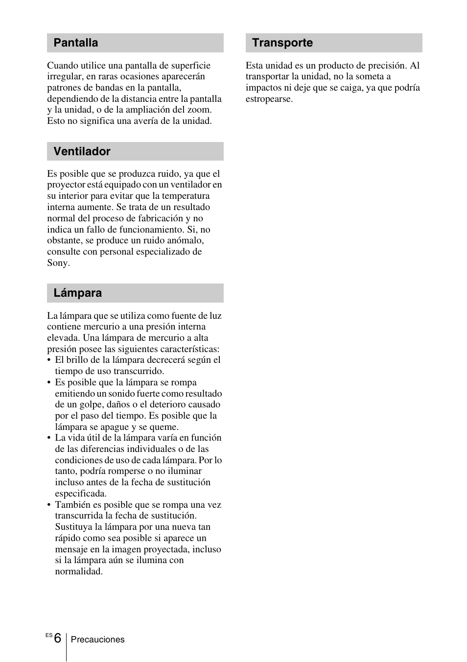 Pantalla, Ventilador, Lámpara | Transporte | Sony VPL-EX100 User Manual | Page 58 / 116