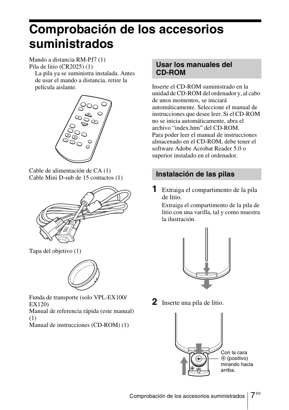 Comprobación de los accesorios suministrados, Usar los manuales del cd-rom, Instalación de las pilas | Sony VPL-EX100 User Manual | Page 59 / 116