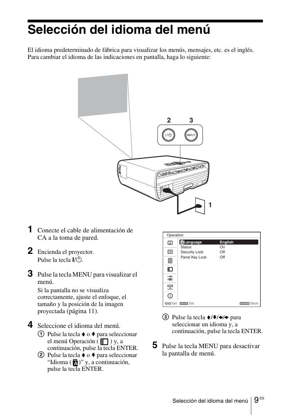 Selección del idioma del menú | Sony VPL-EX100 User Manual | Page 61 / 116