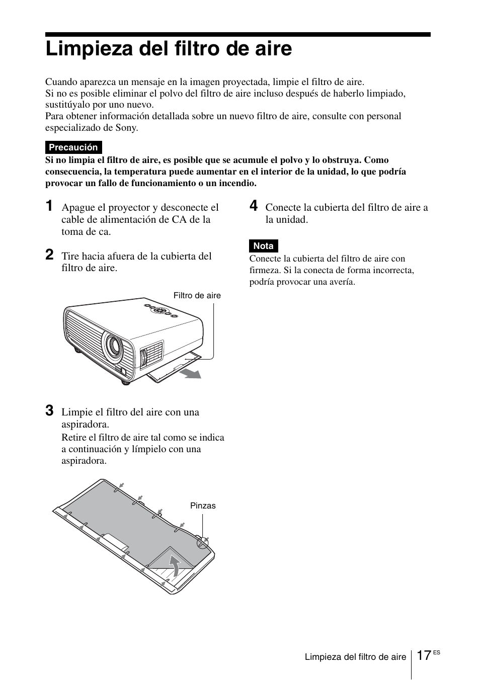 Limpieza del filtro de aire | Sony VPL-EX100 User Manual | Page 69 / 116