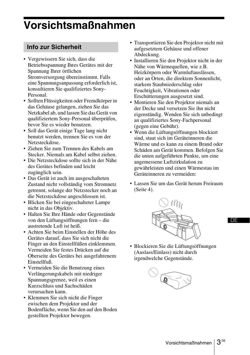 Vorsichtsmaßnahmen, Info zur sicherheit | Sony VPL-EX100 User Manual | Page 71 / 116