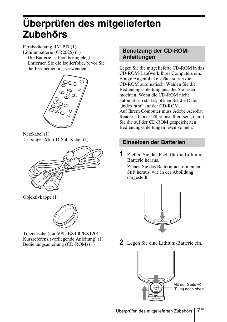 Überprüfen des mitgelieferten zubehörs, Benutzung der cd-rom- anleitungen, Einsetzen der batterien | Sony VPL-EX100 User Manual | Page 75 / 116