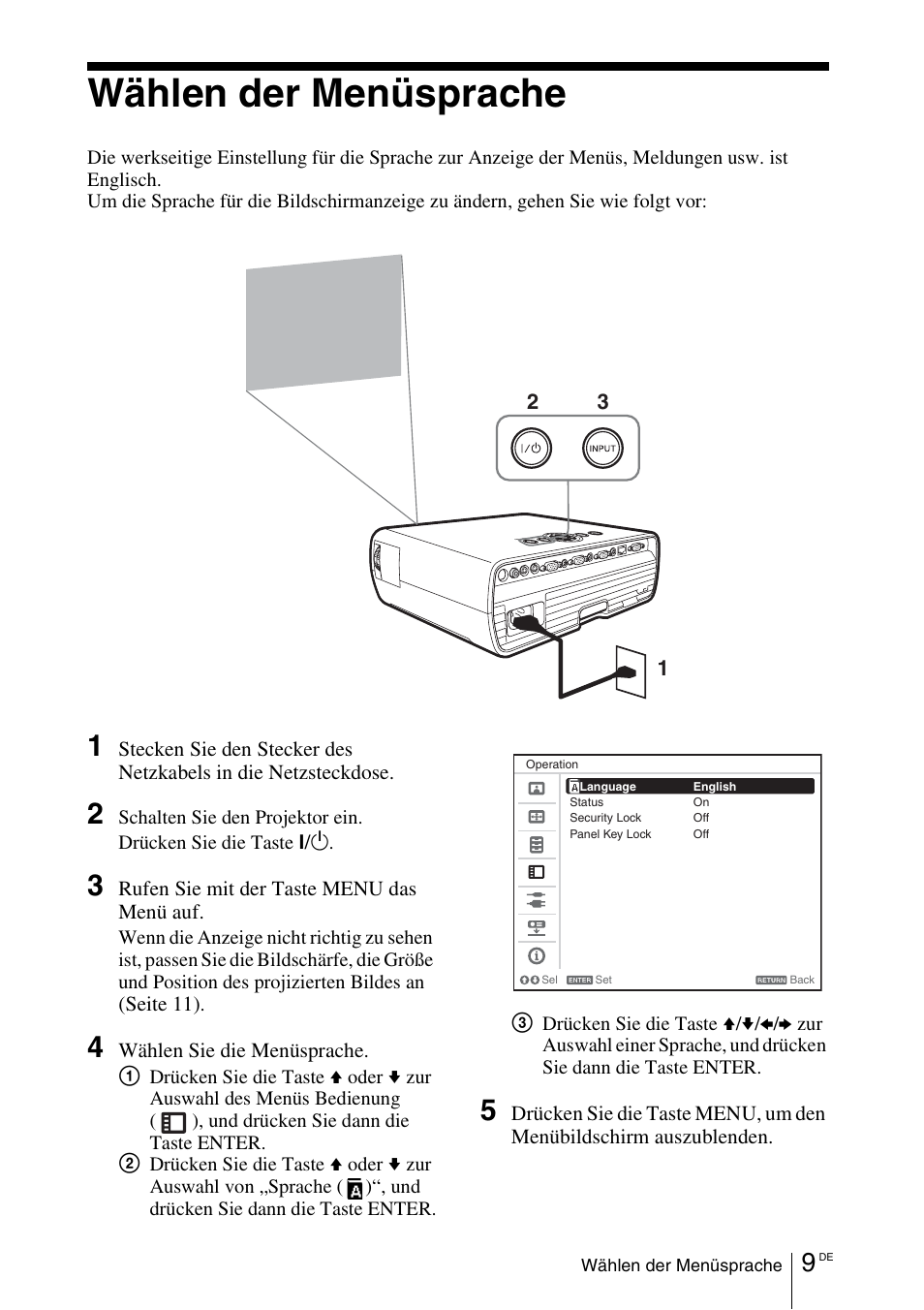 Wählen der menüsprache | Sony VPL-EX100 User Manual | Page 77 / 116