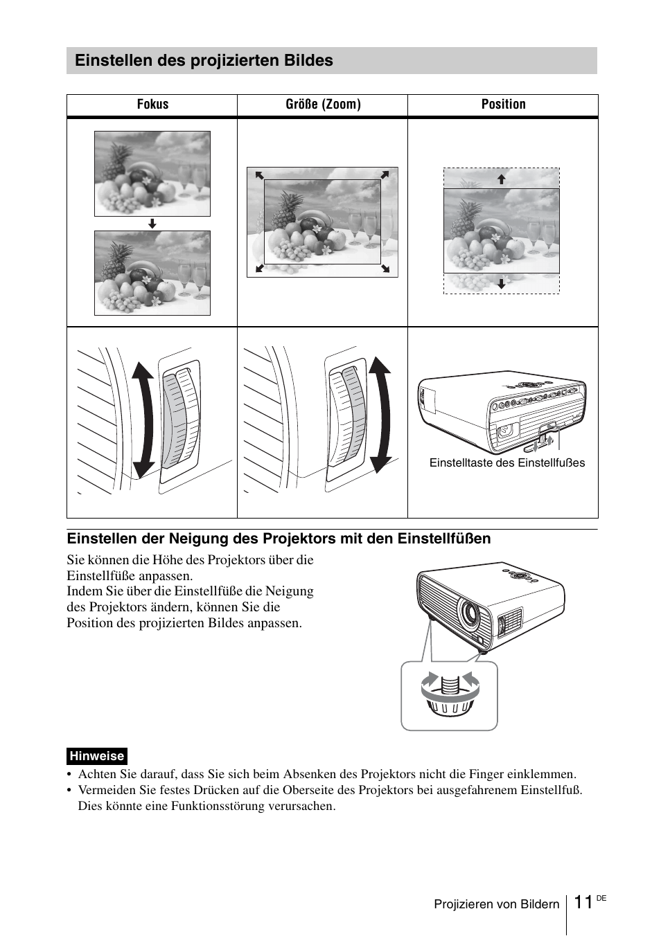 Einstellen des projizierten bildes | Sony VPL-EX100 User Manual | Page 79 / 116