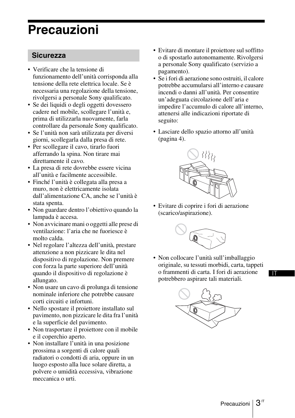 Precauzioni, Sicurezza | Sony VPL-EX100 User Manual | Page 87 / 116