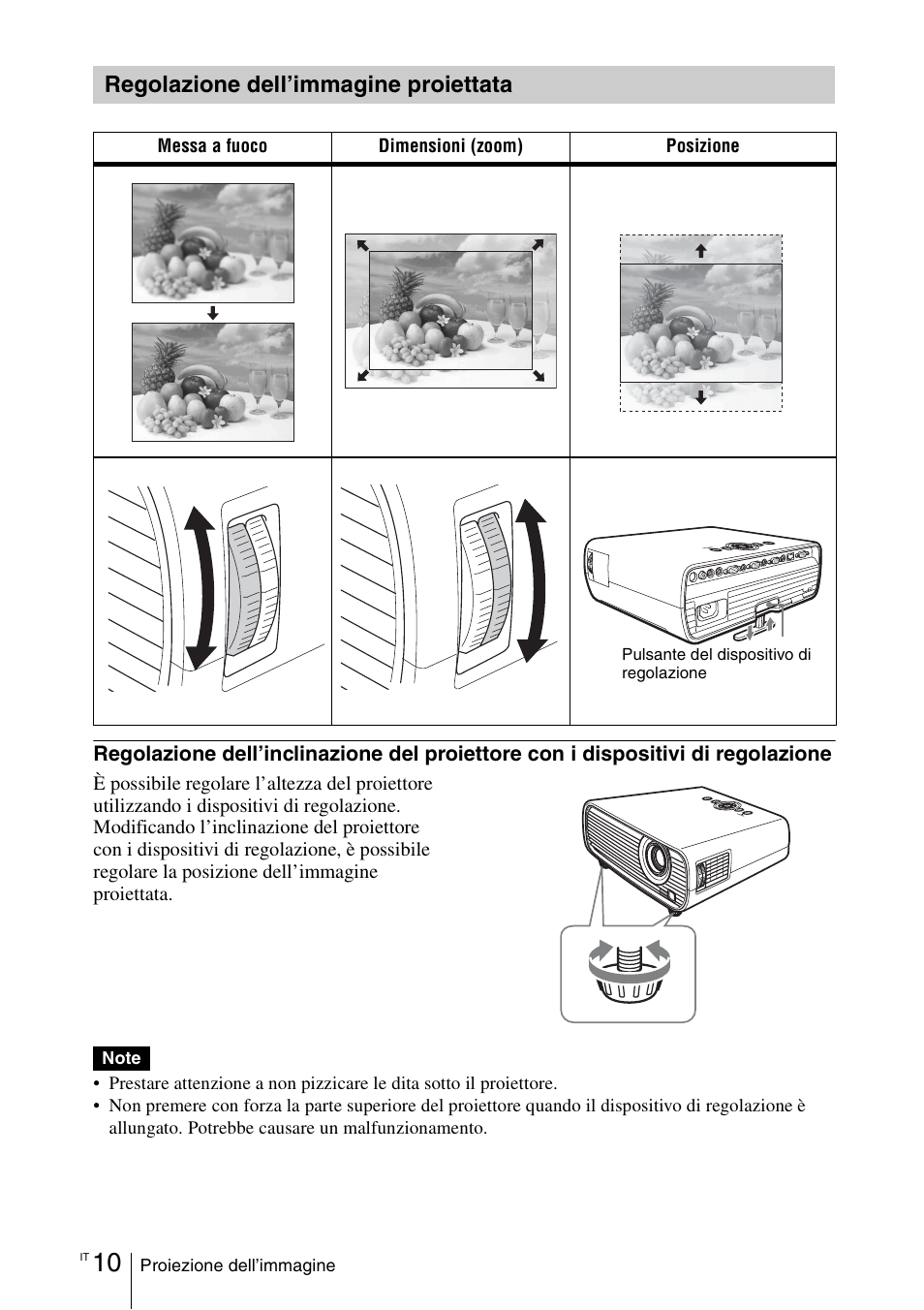 Regolazione dell’immagine proiettata | Sony VPL-EX100 User Manual | Page 94 / 116