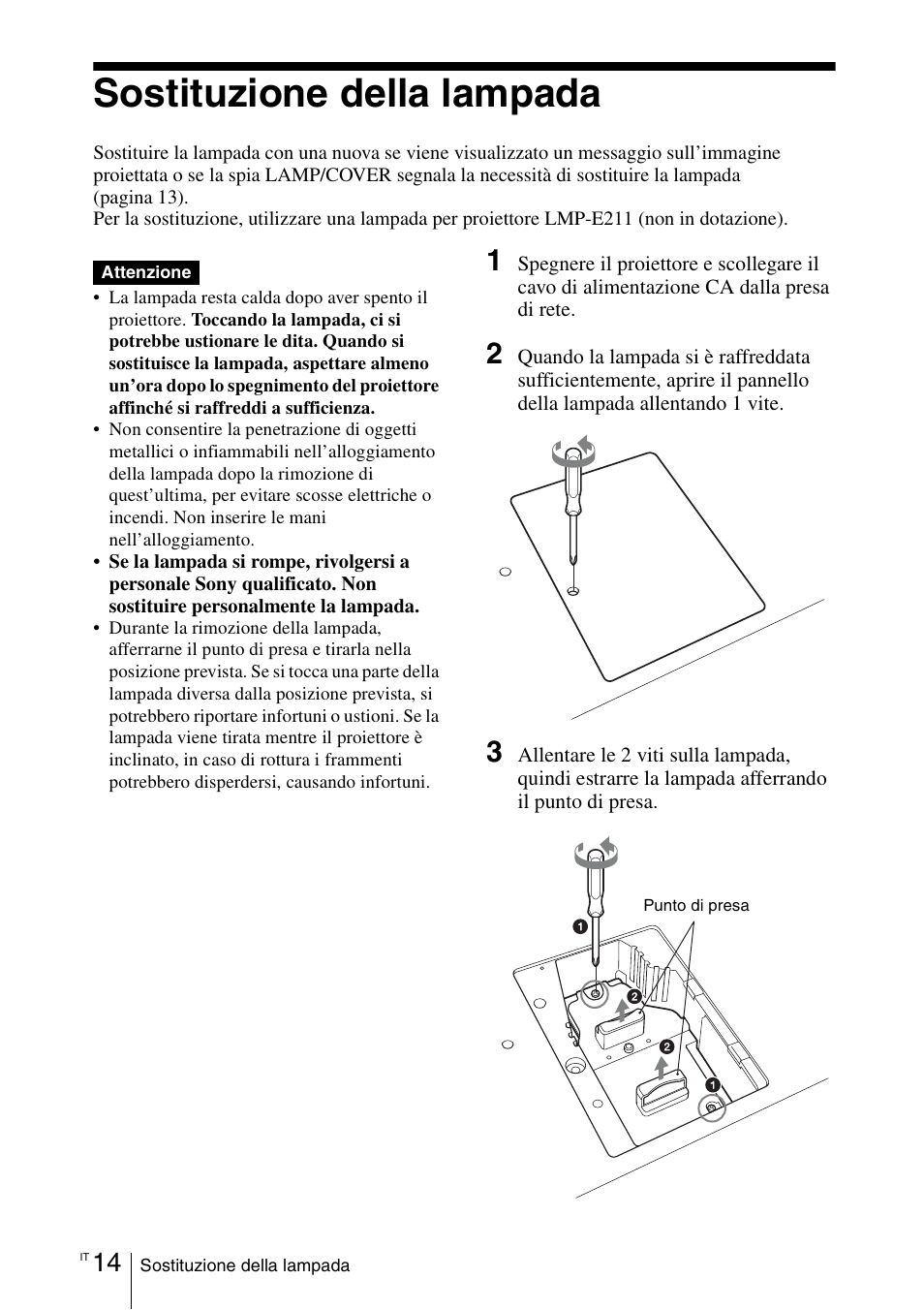 Sostituzione della lampada | Sony VPL-EX100 User Manual | Page 98 / 116