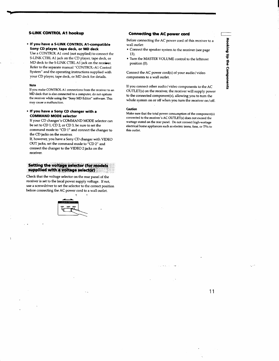 S-link control al hookup, Connecting the ac power cord | Sony STR-DA50ES User Manual | Page 11 / 51