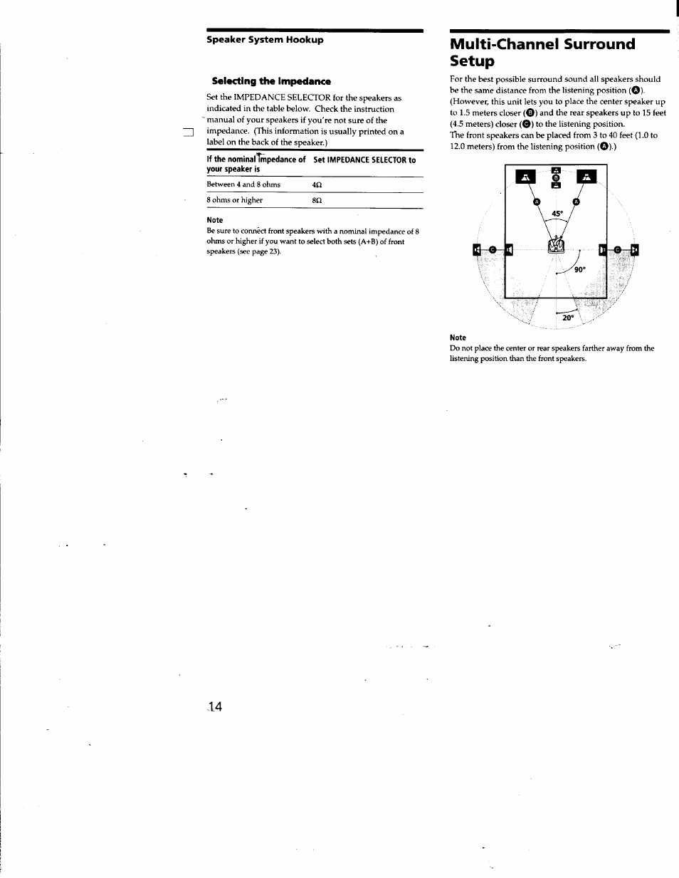 Selecting the impedance, Multi-channel surround setup | Sony STR-DA50ES User Manual | Page 14 / 51