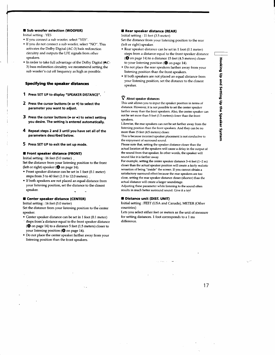 Sub woofer selection (woofer), Specifying the speaker distances, 1 press set up to display “speaker distance | 5 press set up to exit the set up mode, Front speaker distance (front), Rear speaker distance (rear), Center speaker distance (center), Distance unit (dist. unit) | Sony STR-DA50ES User Manual | Page 17 / 51