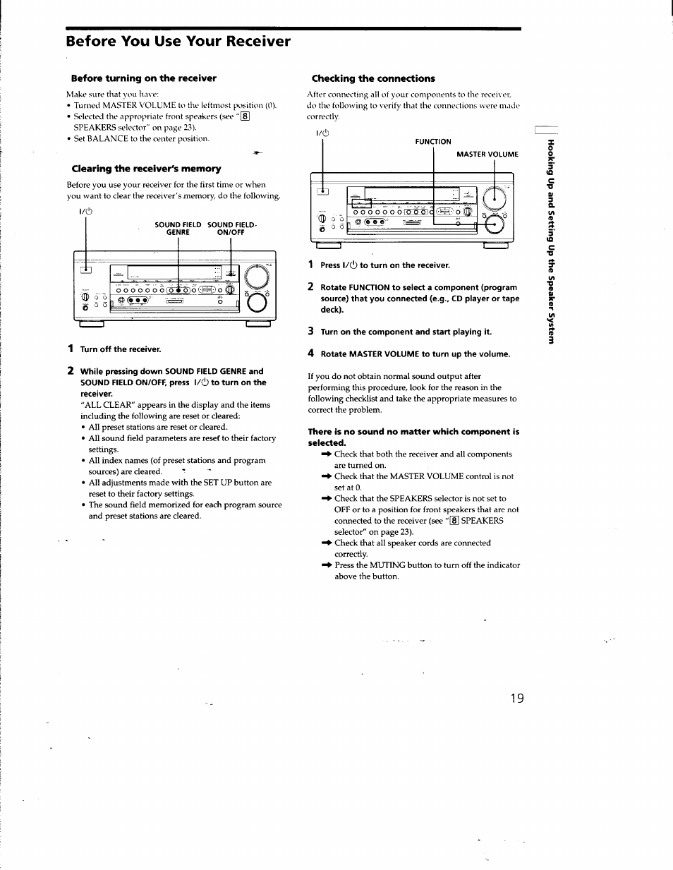 Before you use your receiver, 1 turn off the receiver, 2 while pressing down sound field genre and | Sound field on/off, press l/(!) to turn on the, Receiver, 1 press l/c!) to turn on the receiver, 3 turn on the component and start playing it, 4 rotate master volume to turn up the volume | Sony STR-DA50ES User Manual | Page 19 / 51