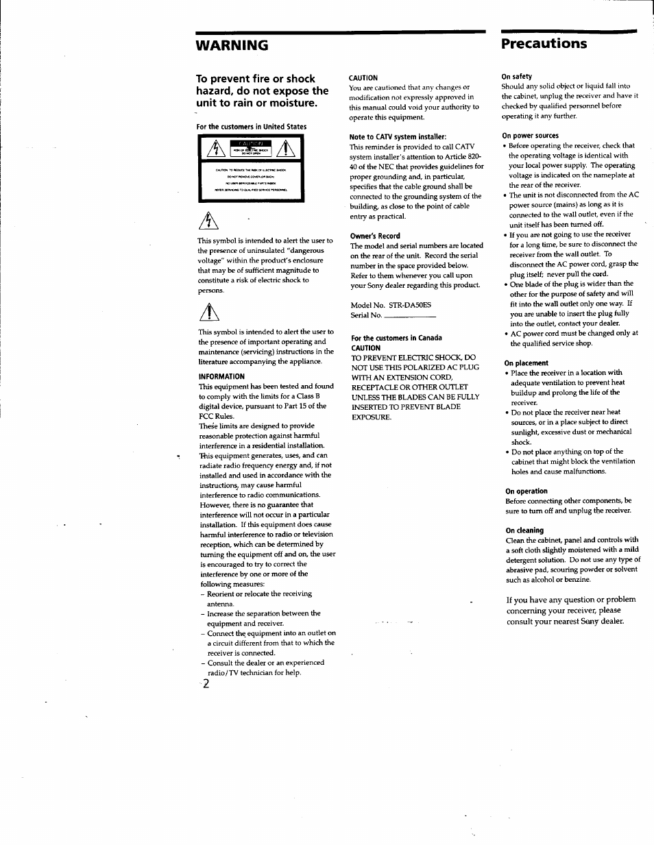 Precautions, Warning precautions | Sony STR-DA50ES User Manual | Page 2 / 51