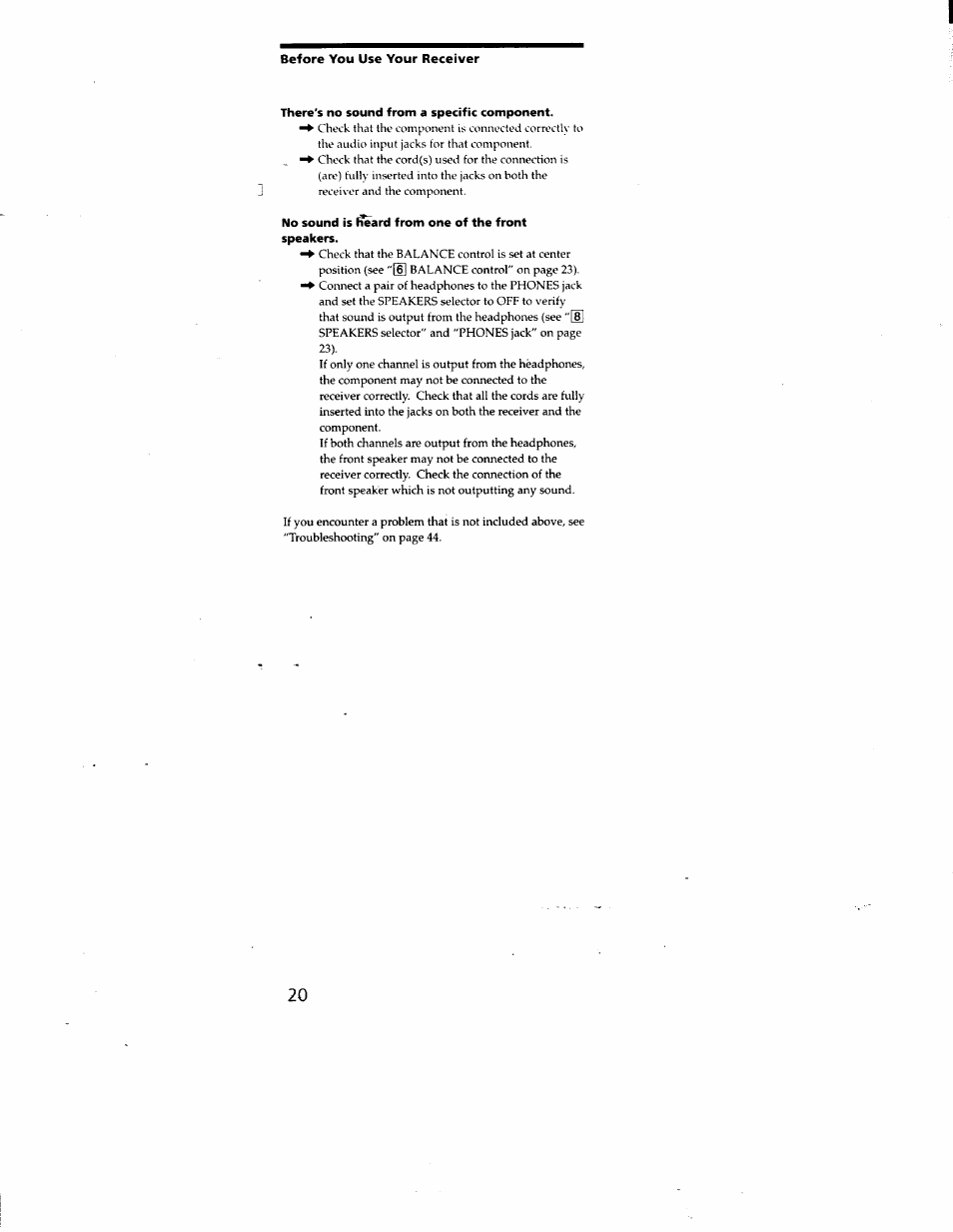 Before you use your receiver, There's no sound from a specific component, No sound is ^ard from one of the front speakers | Sony STR-DA50ES User Manual | Page 20 / 51