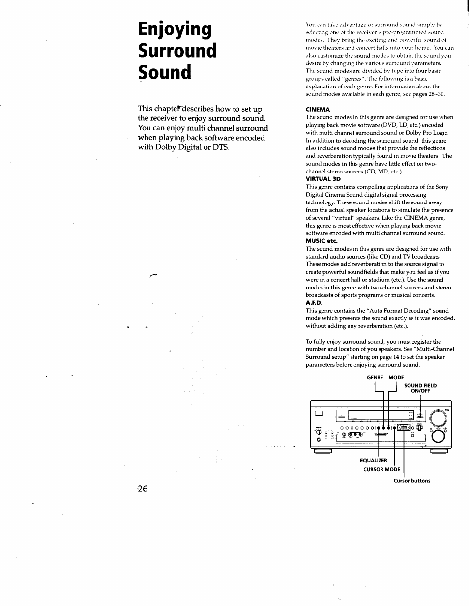 Cinema, Virtual 3d, A.f.d | Enjoying surround sound | Sony STR-DA50ES User Manual | Page 26 / 51