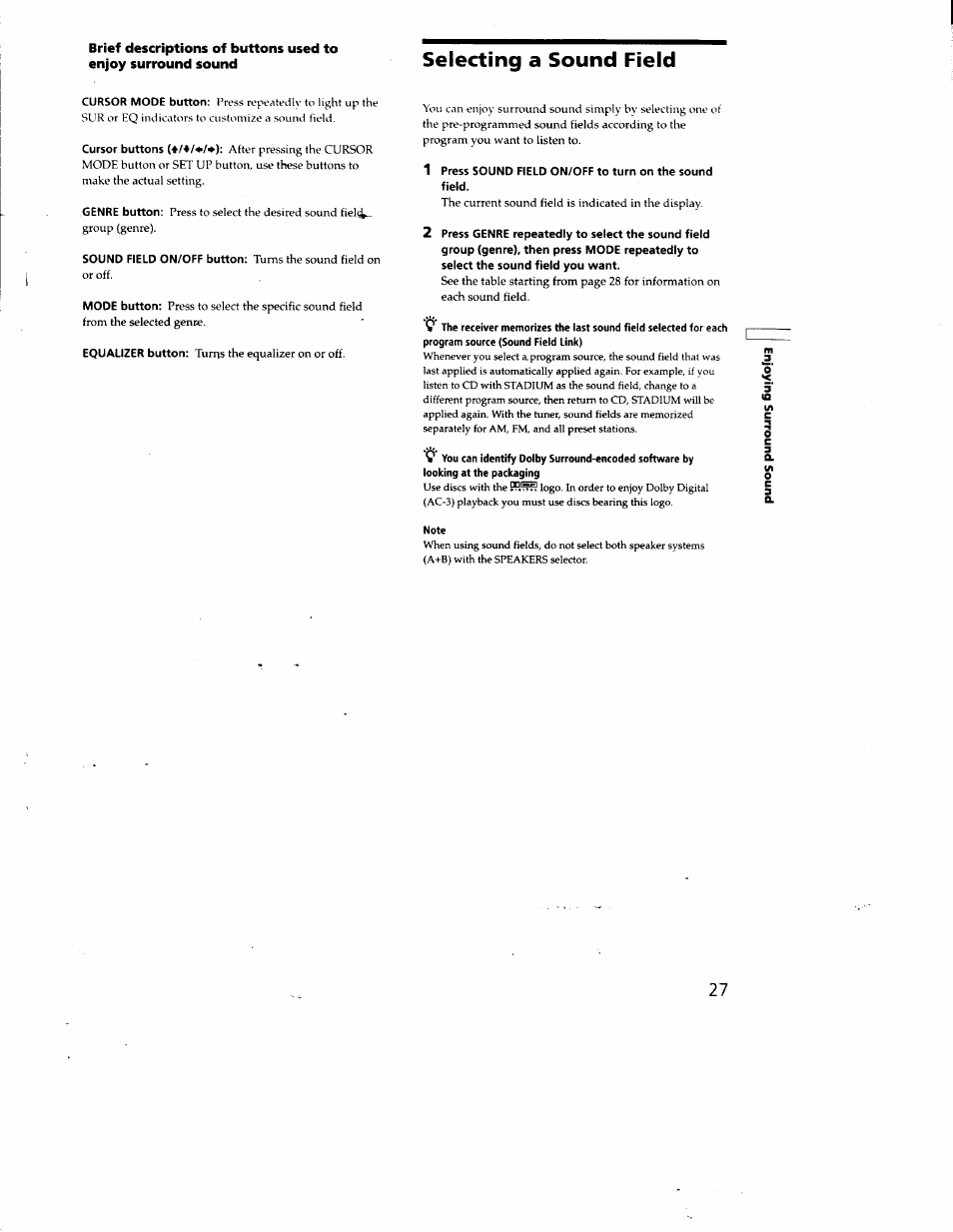 Selecting a sound field | Sony STR-DA50ES User Manual | Page 27 / 51