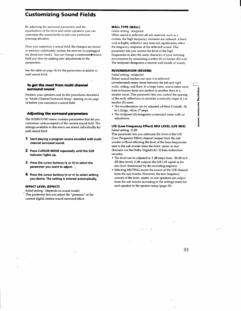 Customizing sound fields, Wall type (wall), To get the most from multi channel surround sound | Adjusting the surround parameters, Effect level (effect), Reverberation (reverb), Lfe (low fraquency effect) mix level (lfe mix) | Sony STR-DA50ES User Manual | Page 33 / 51