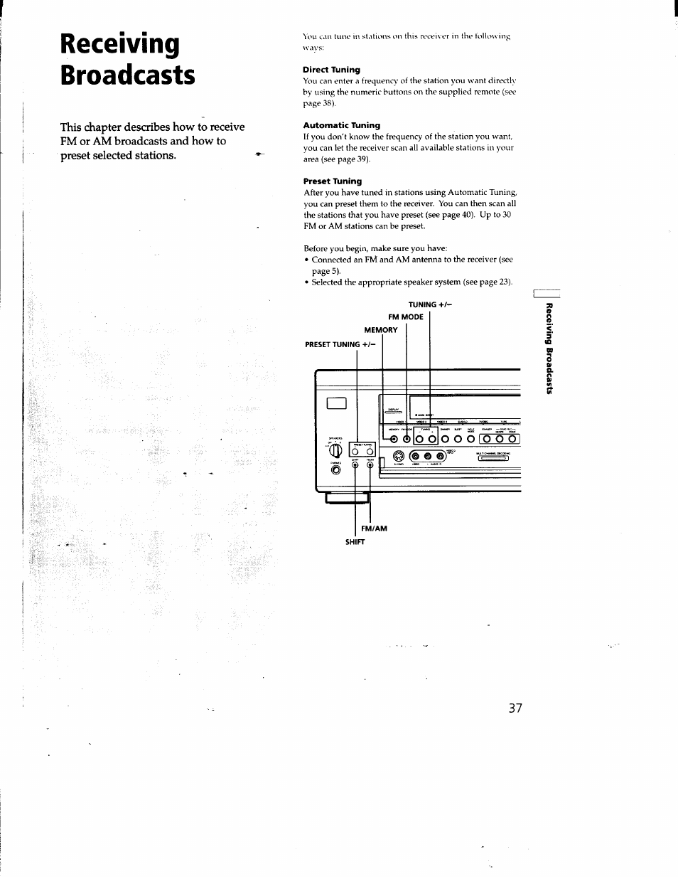 Direct tuning, Automatic tuning, Preset tuning | Receiving broadcasts, Ip lo~ 6 | Sony STR-DA50ES User Manual | Page 37 / 51