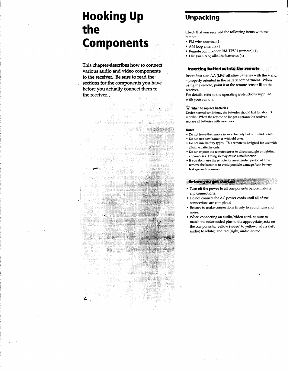 Unpacking, Inserting batteries into the remote, Before you get | Hooking up the components | Sony STR-DA50ES User Manual | Page 4 / 51