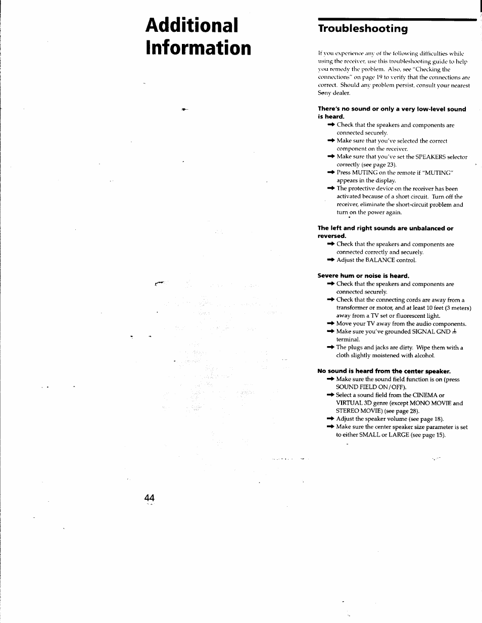 Troubleshooting, Severe hum or noise is heard, No sound is heard from the center speaker | Additional information | Sony STR-DA50ES User Manual | Page 44 / 51