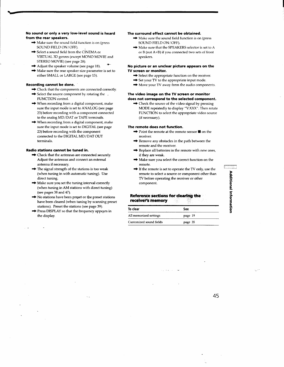 Recording cannot be done, Radio stations cannot be tuned in, The surround effect cannot be obtained | The remote does not function | Sony STR-DA50ES User Manual | Page 45 / 51