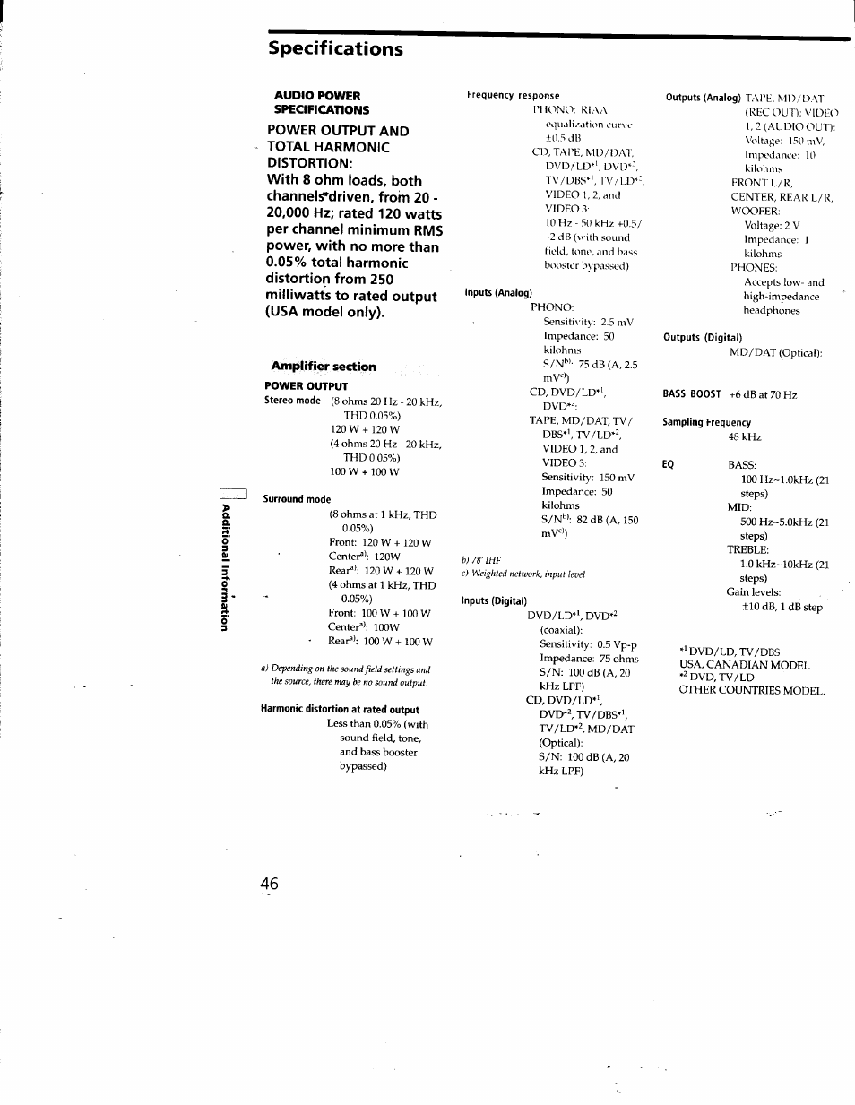 Specifications, Power output, Tape, md/d.at | Sony STR-DA50ES User Manual | Page 46 / 51