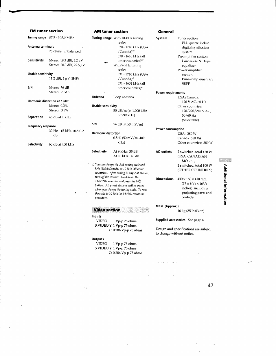 Am tuner section, Video section, General | Sony STR-DA50ES User Manual | Page 47 / 51