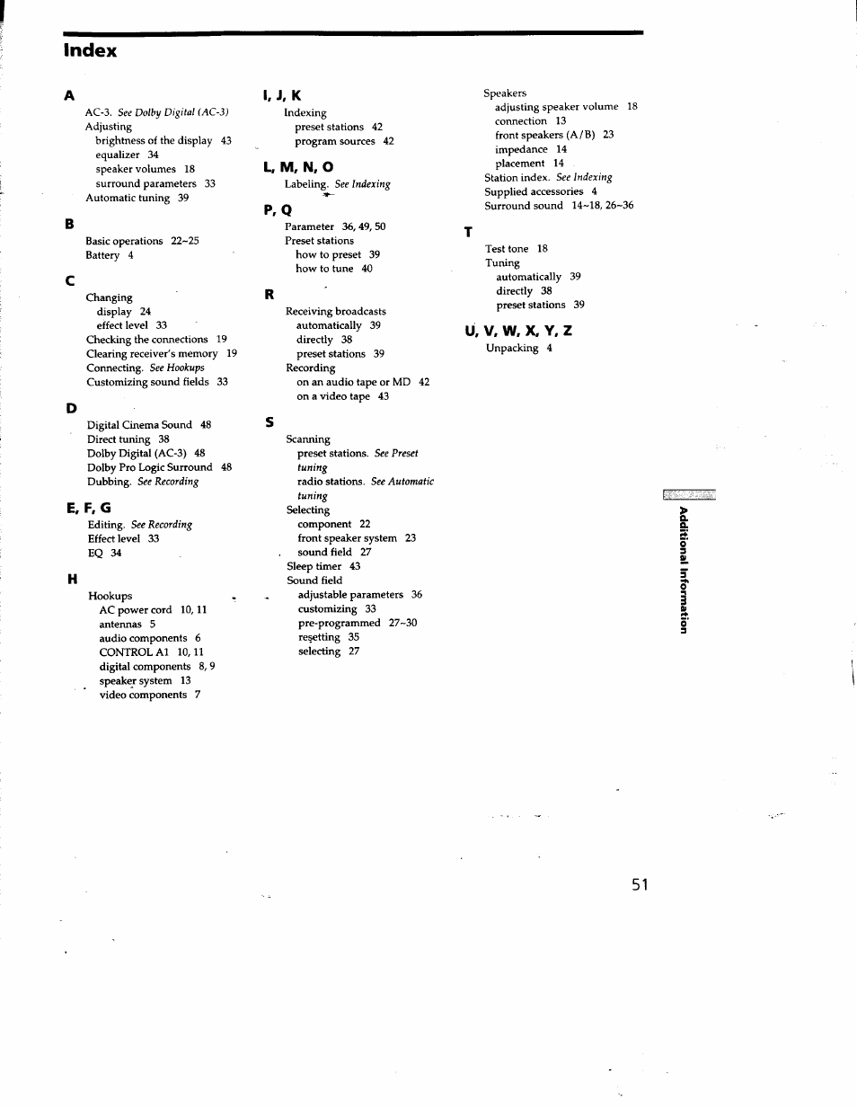 Index | Sony STR-DA50ES User Manual | Page 51 / 51