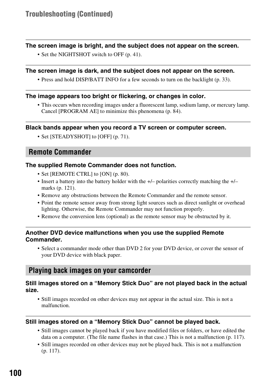 Remote commander, Playing back images on your camcorder, Troubleshooting (continued) | Sony HDR-SR1 User Manual | Page 100 / 139