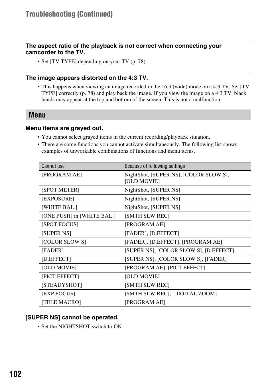 Menu, Menu” (p. 102), Troubleshooting (continued) | Sony HDR-SR1 User Manual | Page 102 / 139