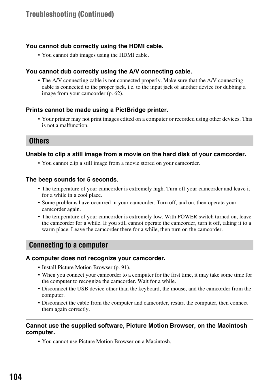 Others, Connecting to a computer, Troubleshooting (continued) | Others connecting to a computer | Sony HDR-SR1 User Manual | Page 104 / 139