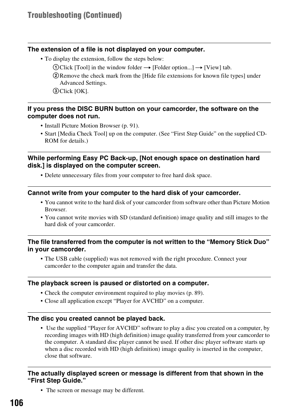 Troubleshooting (continued) | Sony HDR-SR1 User Manual | Page 106 / 139