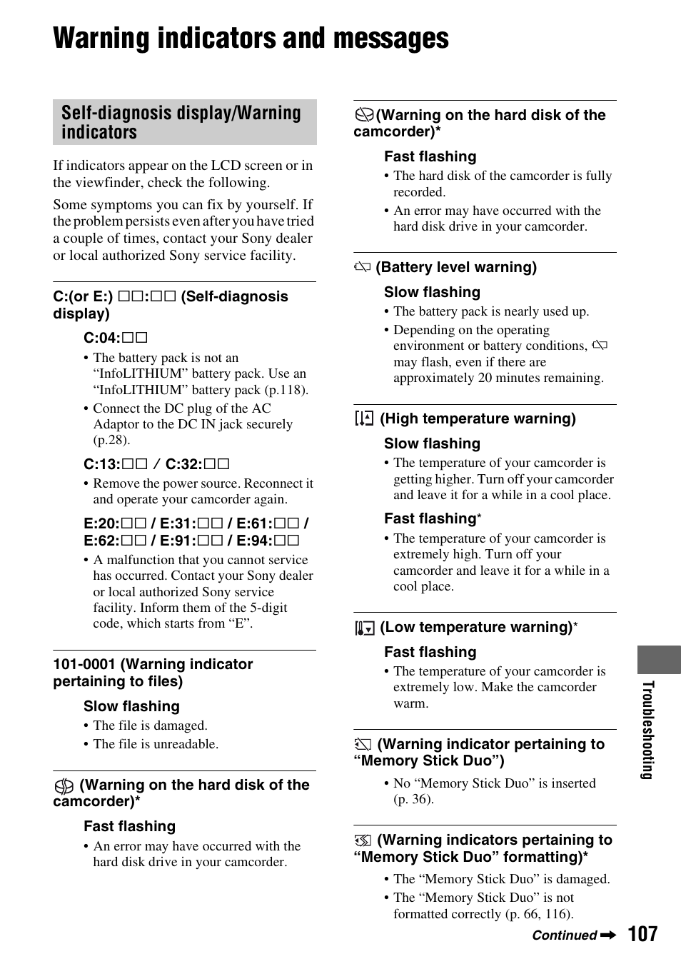 Warning indicators and messages, Self-diagnosis display/warning indicators, P. 107 | Sony HDR-SR1 User Manual | Page 107 / 139