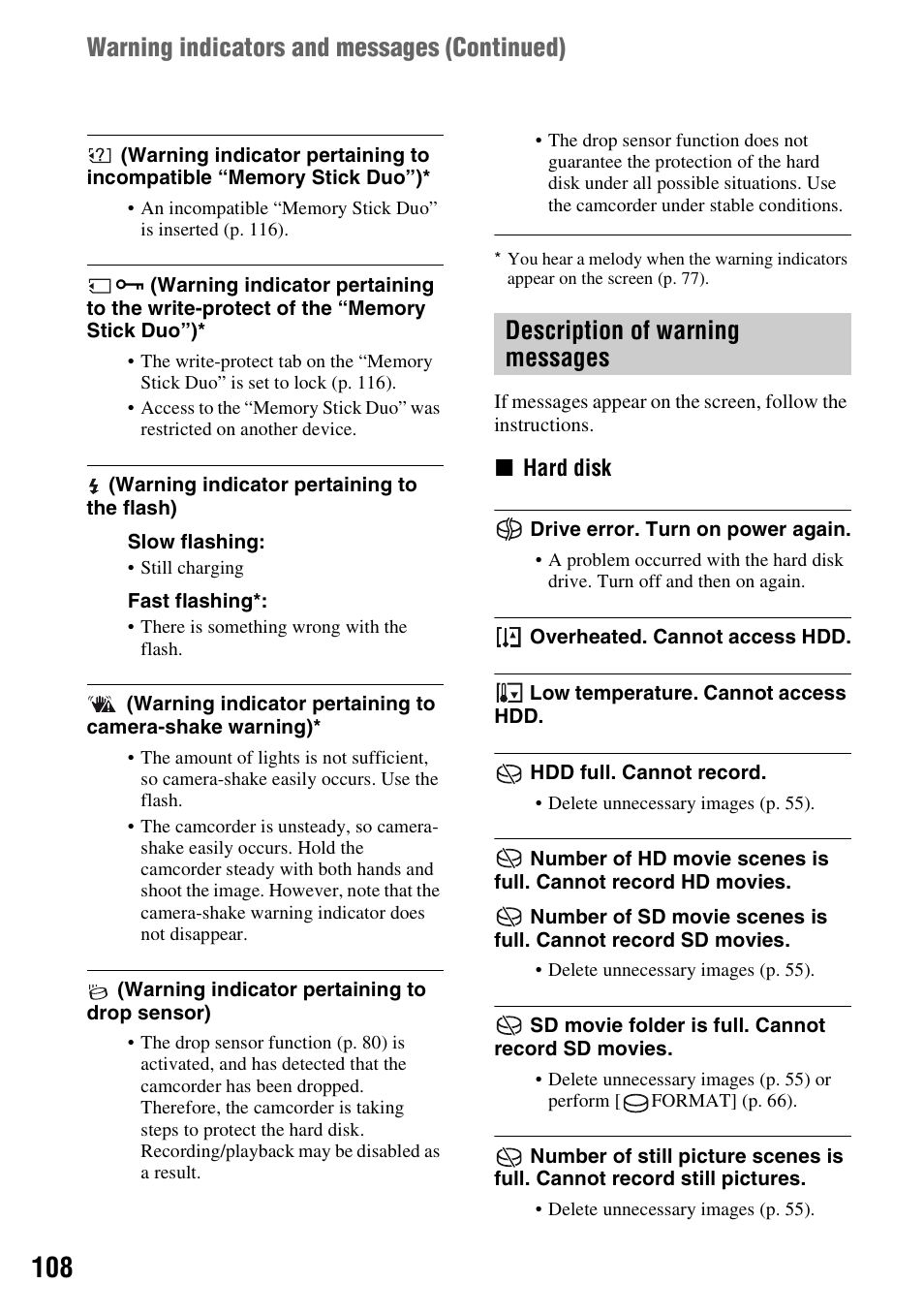 Description of warning messages, P. 108), Warning indicators and messages (continued) | Sony HDR-SR1 User Manual | Page 108 / 139