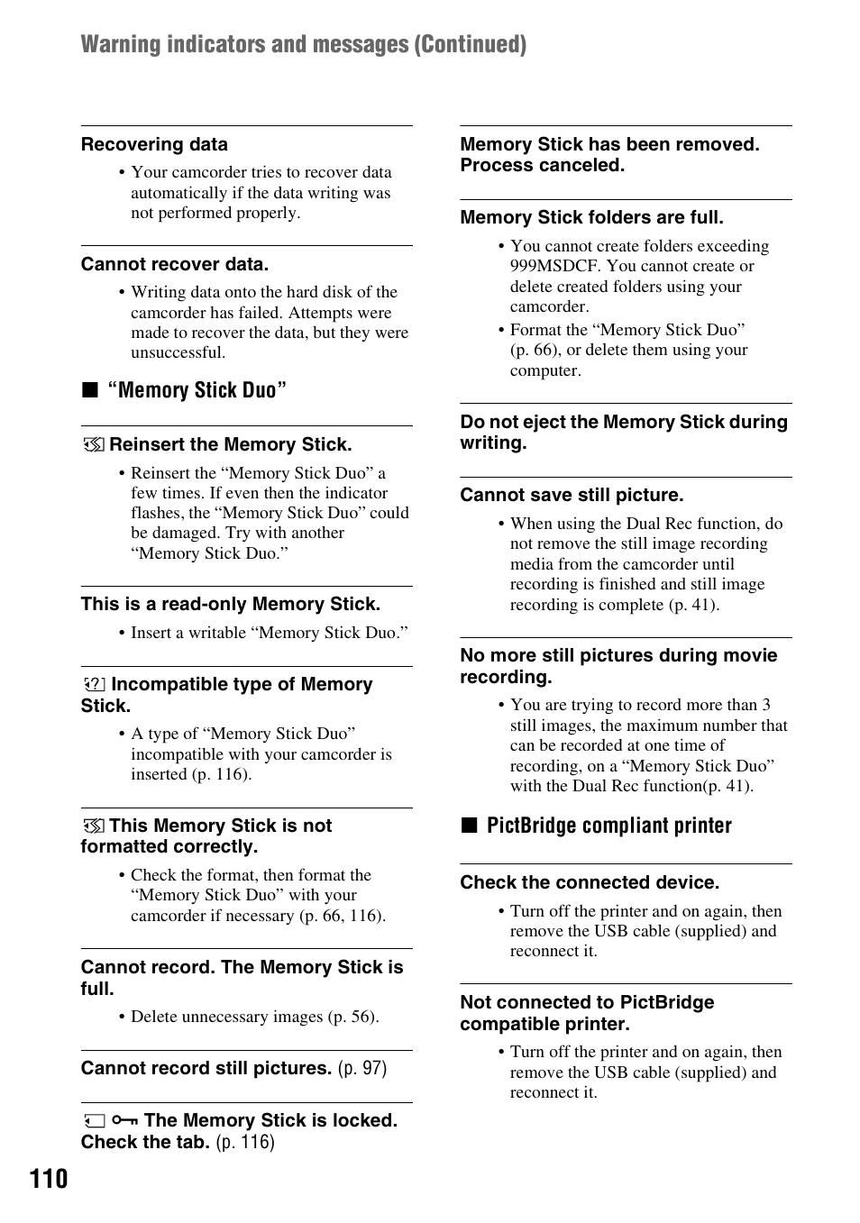 Warning indicators and messages (continued) | Sony HDR-SR1 User Manual | Page 110 / 139